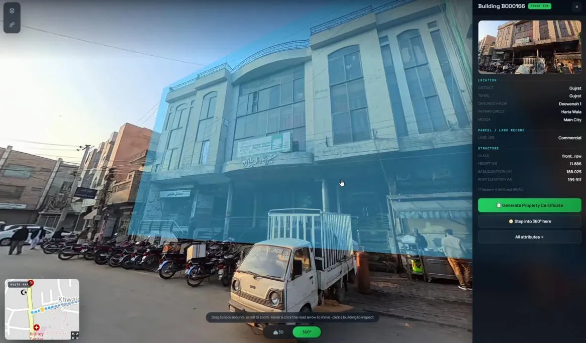 A 360° street view with one building highlighted and a side panel showing its linked record: location, land use and building height.